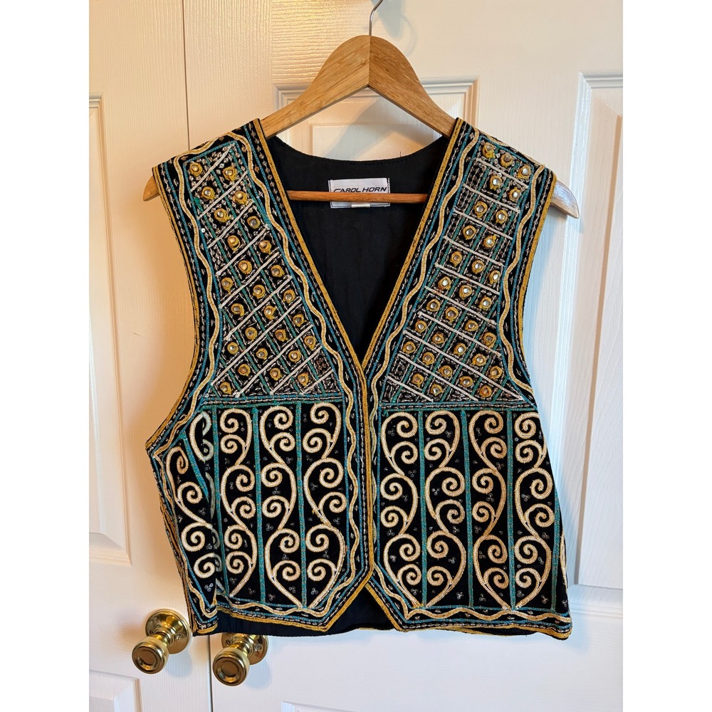 Vintage 90s Carol Horn Workshop Embroidered Mirror Vest Black Gold Teal Cotton